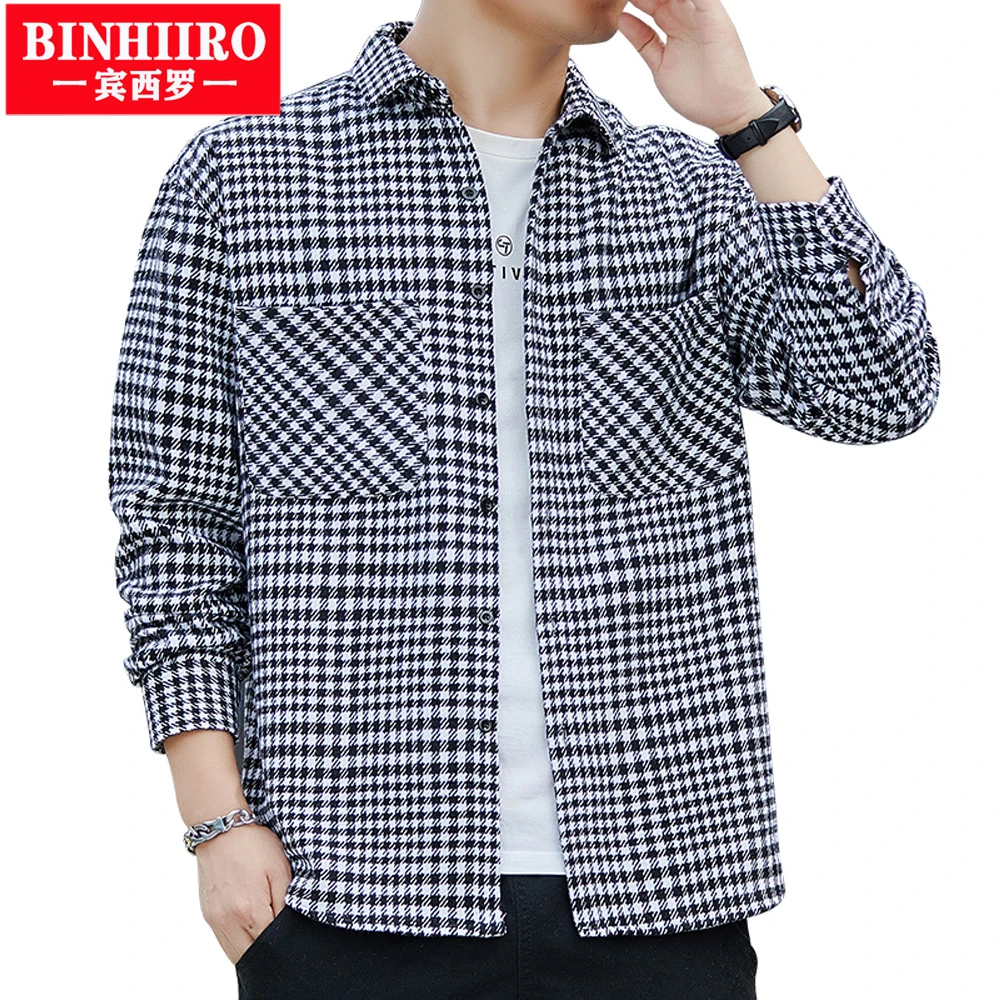 

BINHIIRO Высококачественная мужская клетчатая рубашка с длинным рукавом, не гладить, деловая, повседневная, модная, приталенная рубашка, Весенняя уличная одежда, топ, рубашки