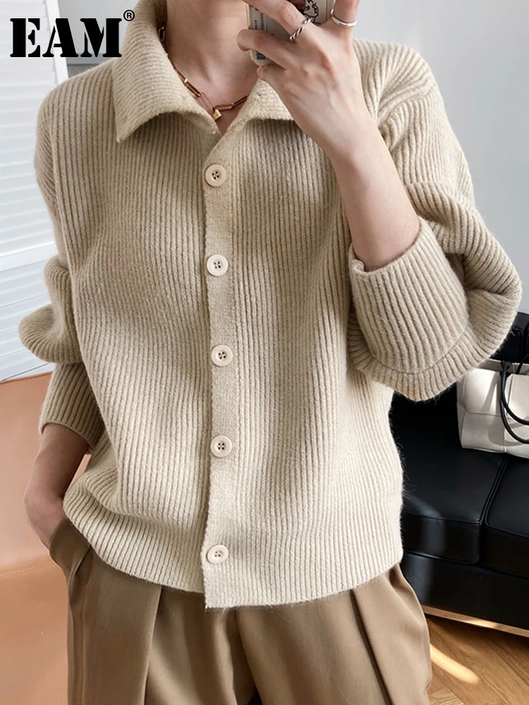 

[EAM] Camel Big Size Knitting Cardigan Sweater Loose Fit -lapel Long Sleeve Women New Fashion Tide Autumn Winter 2022 1DF0405