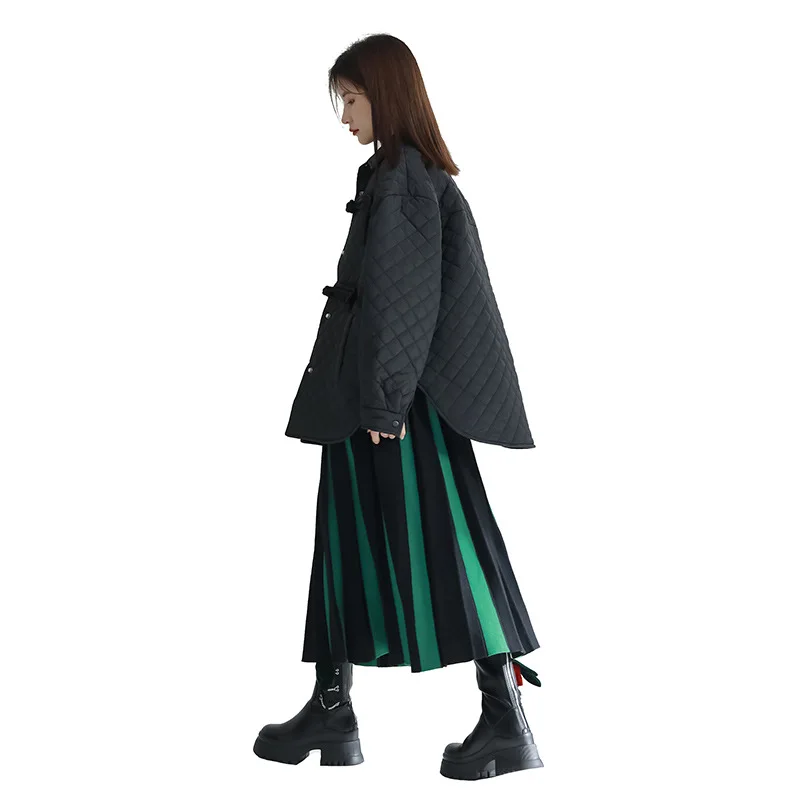 Black Rhombus Cotton Jacket Female Winter 2022 Retro Bow Coiled Buckle Loose Medium-Length Section Silhouette Jacket