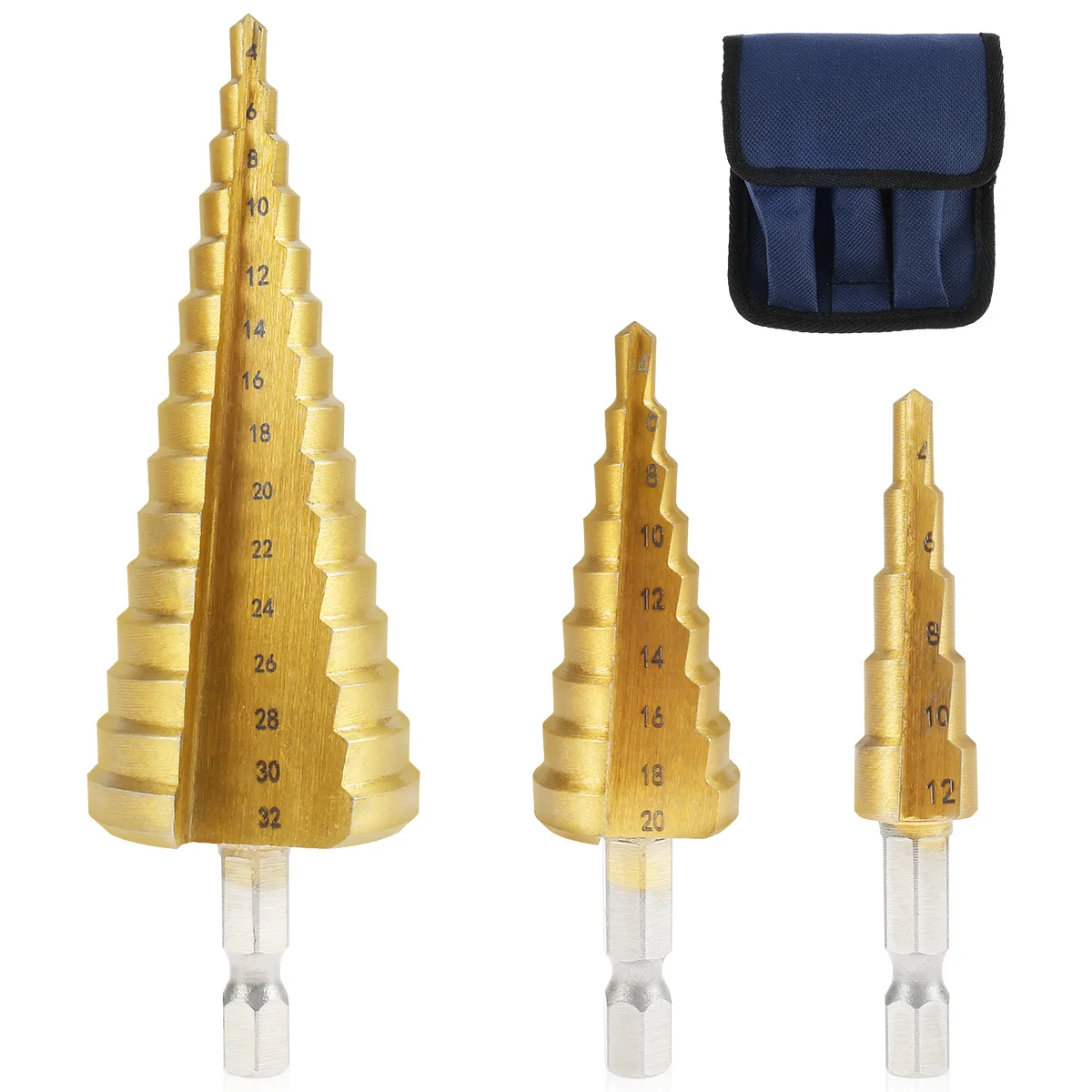 

53 шт. 4-12/20/32 мм ступенчатое сверло с двойным рифленым ступенчатым сверлом высокоскоростное стальное ступенчатое сверло с титановым покрыти...