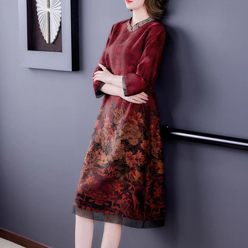 Женское Повседневное платье миди из натурального шелка красное винтажное