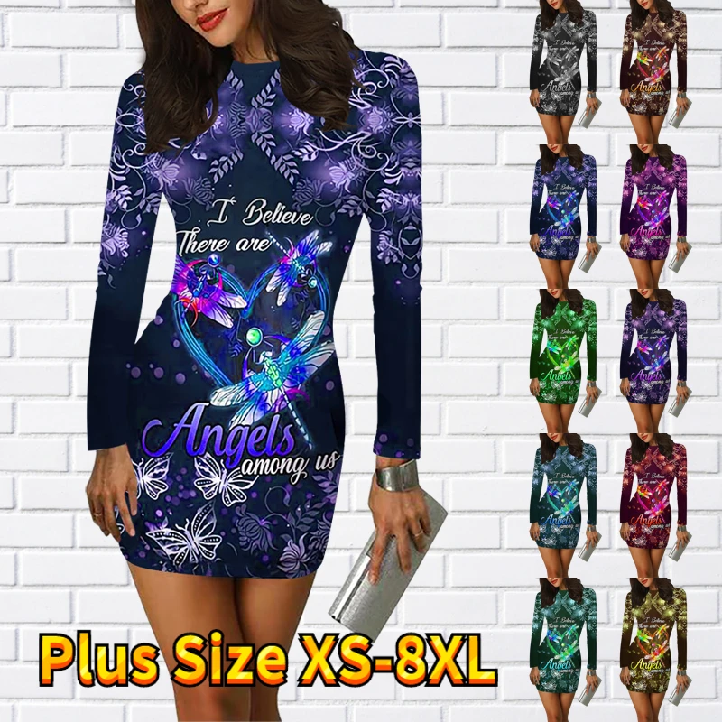 

Осенне-зимняя облегающая юбка с круглым вырезом, повседневные короткие юбки, облегающая юбка, юбка с длинным рукавом и принтом стрекозы, женское модное платье