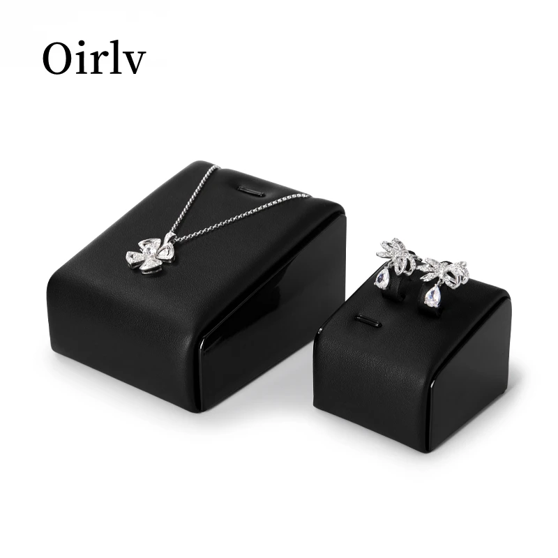 Oirlv Wooden Jewelry Rack Wooden Black PU Leather Jewelry Display Stand For Ring Stud Earring Holder Black Jewelry Display Rack