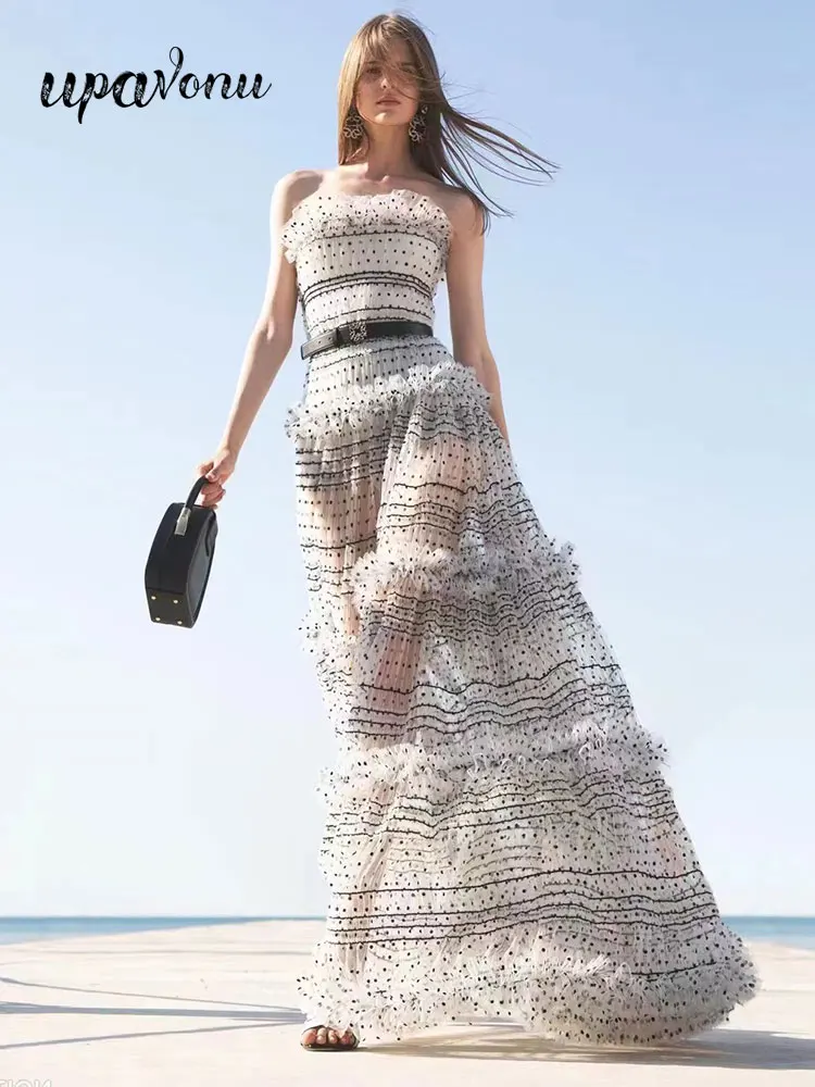 

Free Shipping 2022 Sexy Off Shoulder Sleeveless Sheer Sheer Tulle Polka Dot Dress Women's Diamond Belt Evening Party Long Dress