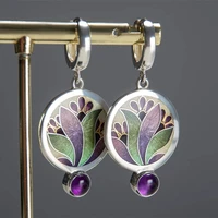 trendy round green purple painted flowers women earrings vintage silver color metal inlaid amethyst zircon dangle earrings