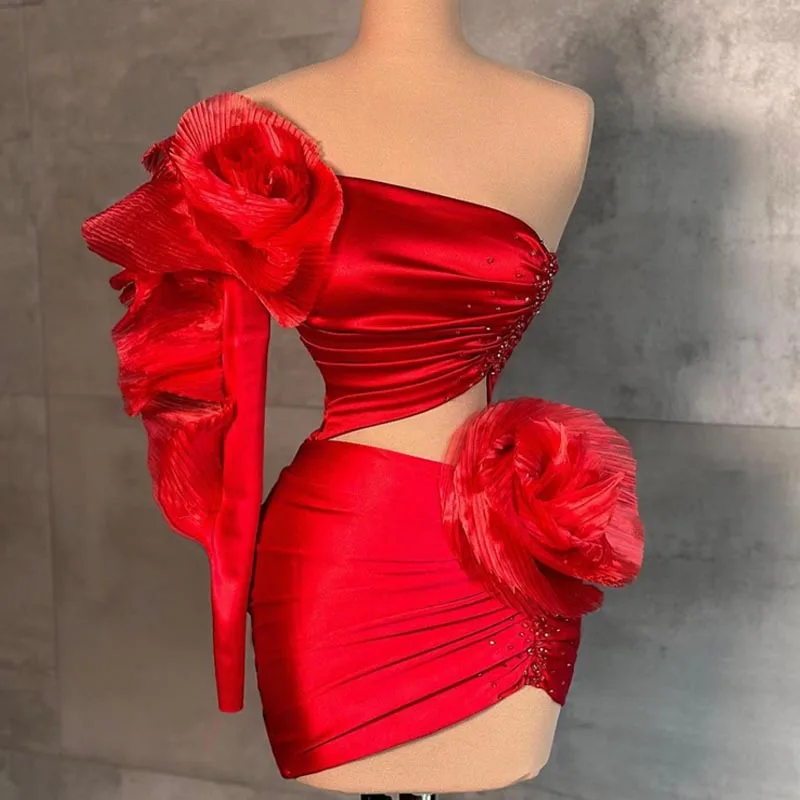 Long Sleeve One Shoulder Red Satin Bodycon Dress Cutout Sexy Woman Party Dress Elastic Crystals Floral Cockatil Dresses