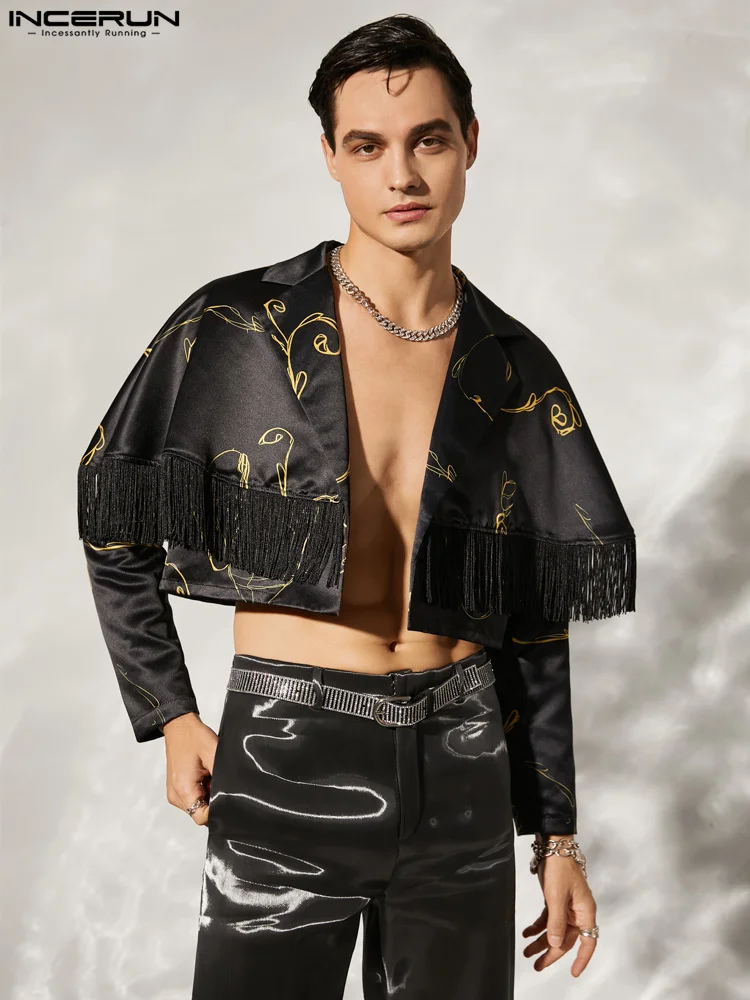 

INCERUN 2022 модный мужской блейзер с кисточками Принт пэчворк отворот открытый стежок длинный рукав короткие костюмы мужская уличная одежда по...