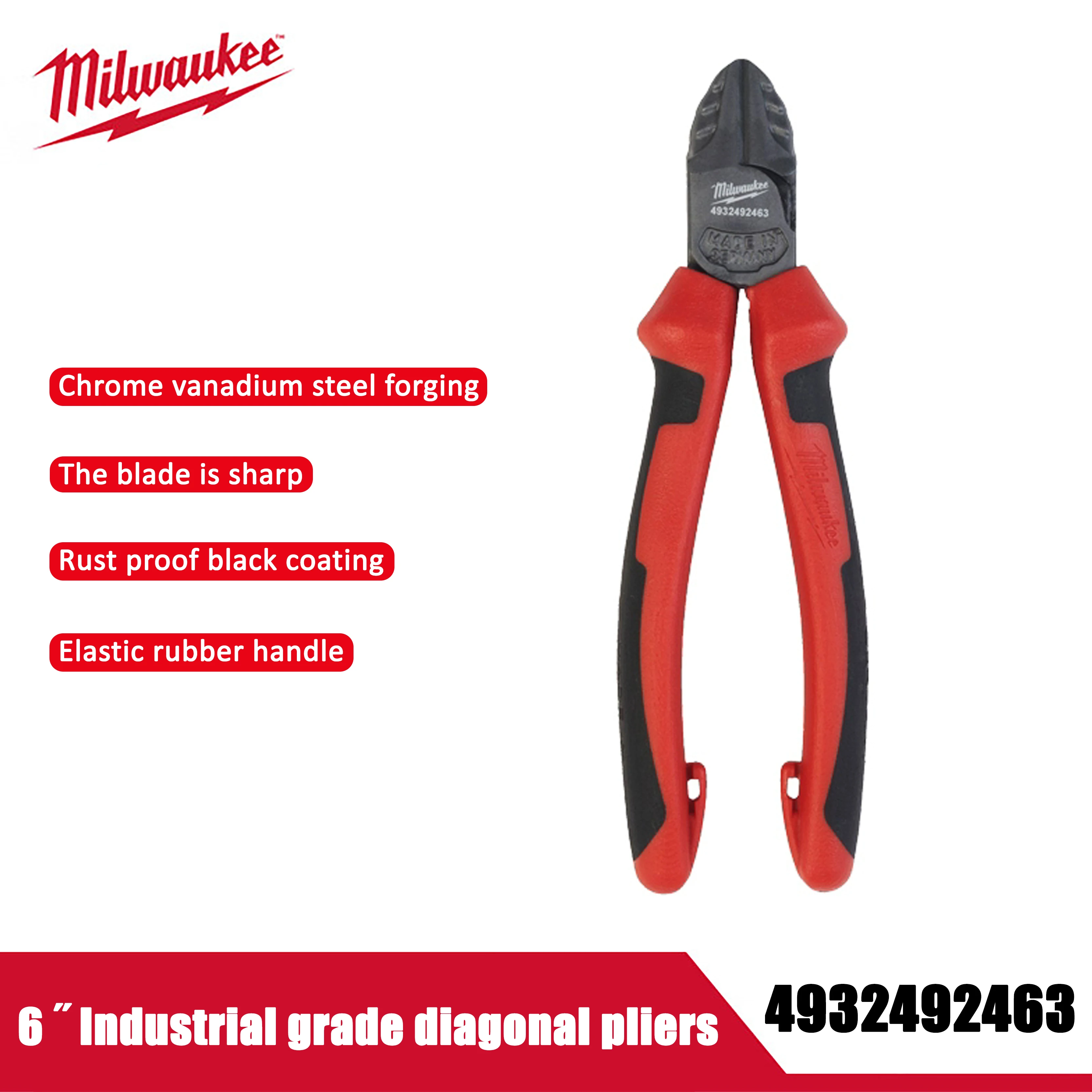 Фото Промышленные диагональные плоскогубцы Milwaukee 6 дюймов (160 мм), многофункциональные портативные плоскогубцы, с острыми лезвиями для резки, 4932492463 №2