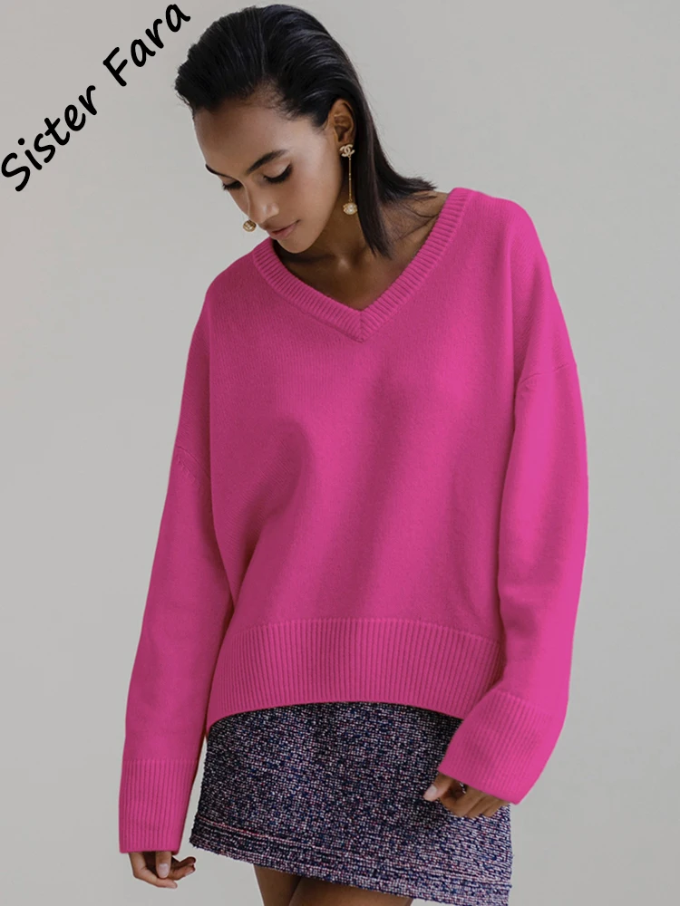 

Sister Fara Winter V Neck Pullover Sweater Women Long Sleeve Loose Sweater Autumn Knitting Jumper Solid Knitted Casual Tops