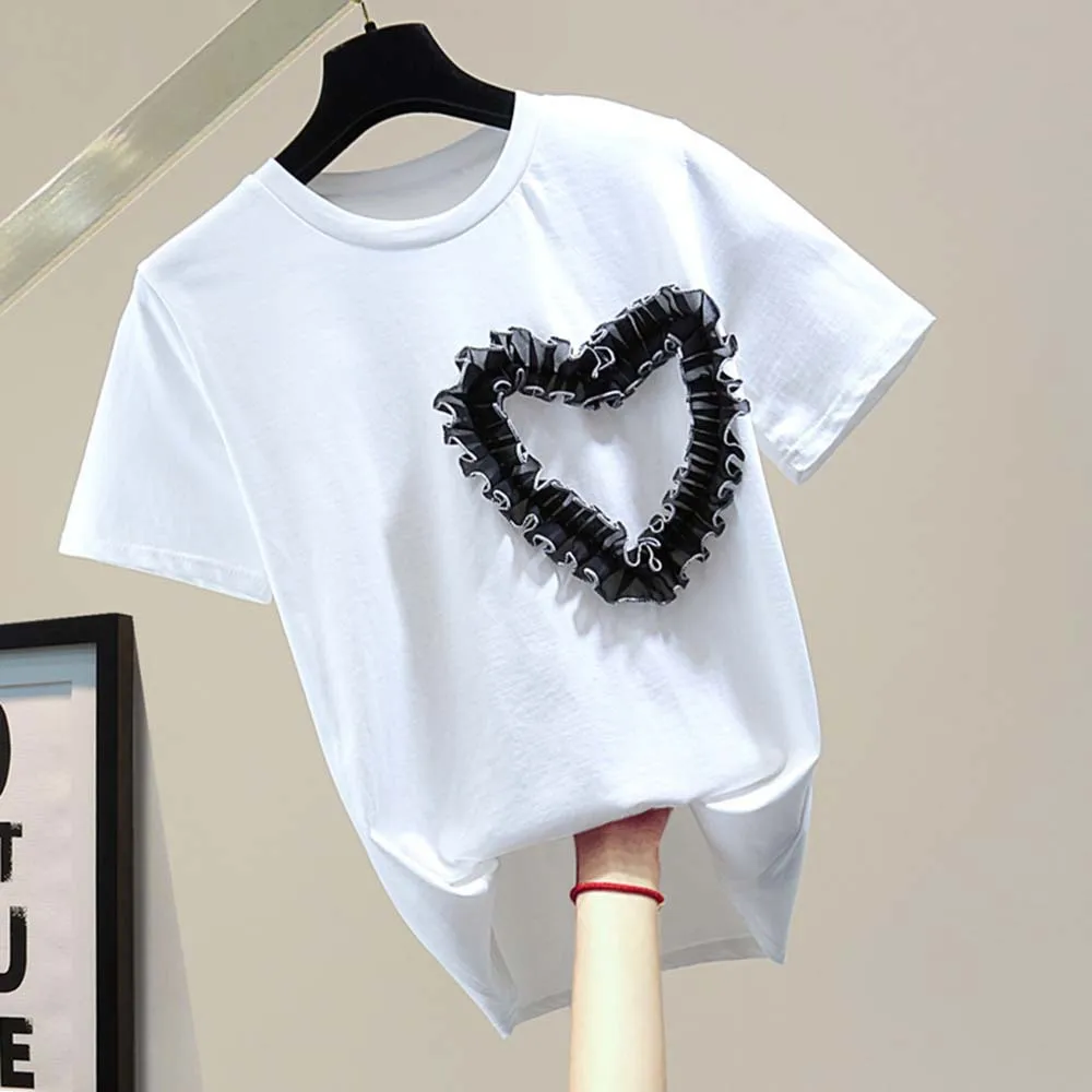 

Women's T-Shirt Round Neck Heart Shaped Short Sleeve Standard Loose Simple Fashion 2022 Summer New Casual Top White Basic Tee