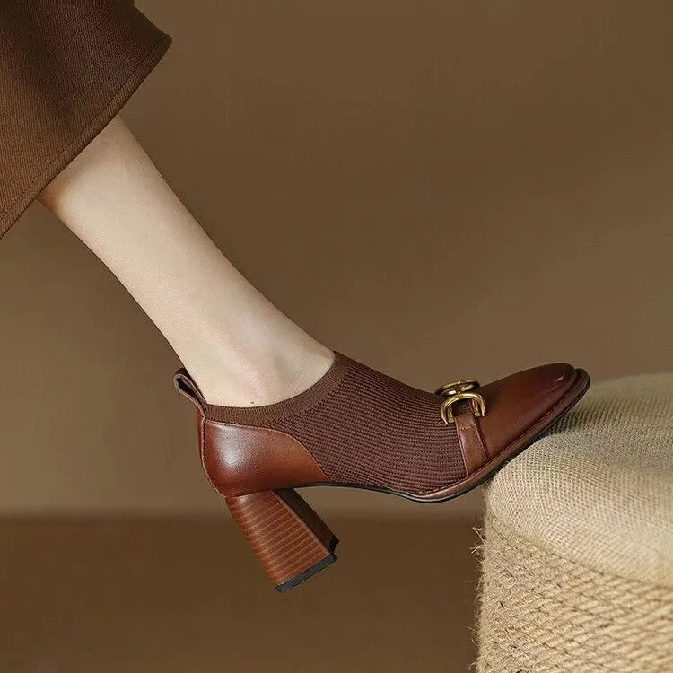 

Spring and Autumn Vintage Knitted Thin British Small Leather Shoes Square Toe Deep Mouth Block Heels Women Wholesale