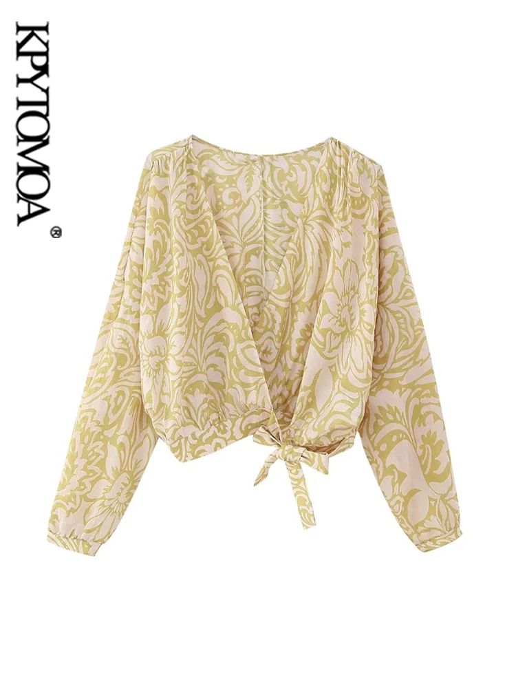 

KPYTOMOA, женская мода, с принтом на завязках, Женская винтажная рубашка с V-образным вырезом и длинным рукавом, блузы, шикарные топы