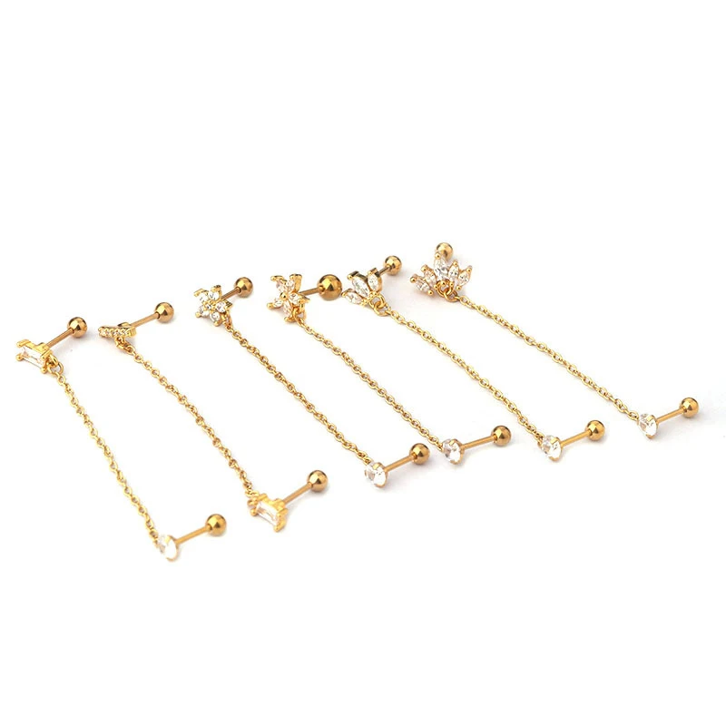 

0.8mm Stainless Steel Flower Crown Double Hole Chains Cartilage Back Stud Earring Ear Helix Piercing Peisonality Jewelry Gifts