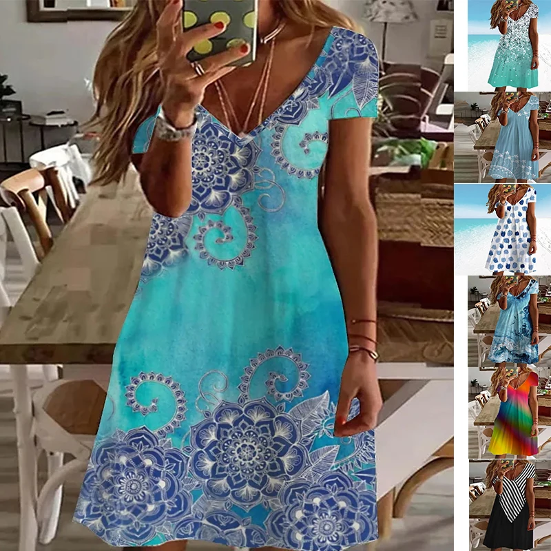 

Женское летнее платье до колена, с абстрактным принтом, V-образным вырезом