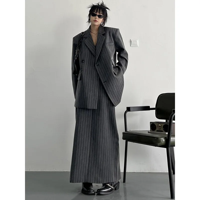 Half-body Skirt Gray Striped Big Size Two Pieces Suit New Lapel Long Sleeve Women Fashion Tide Spring Autumn
