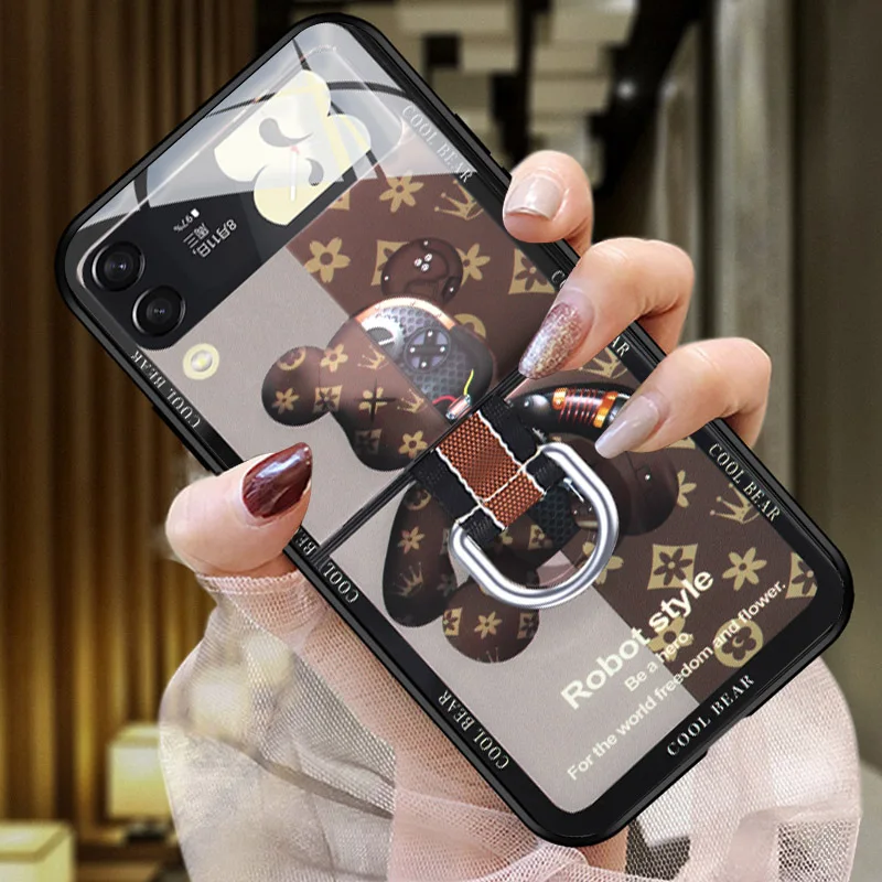

Чехол-книжка для Samsung Galaxy Z 3, подходит для Zflip3, Защитная мембрана, встроенный защитный чехол с кольцом и милым медведем, ударопрочный
