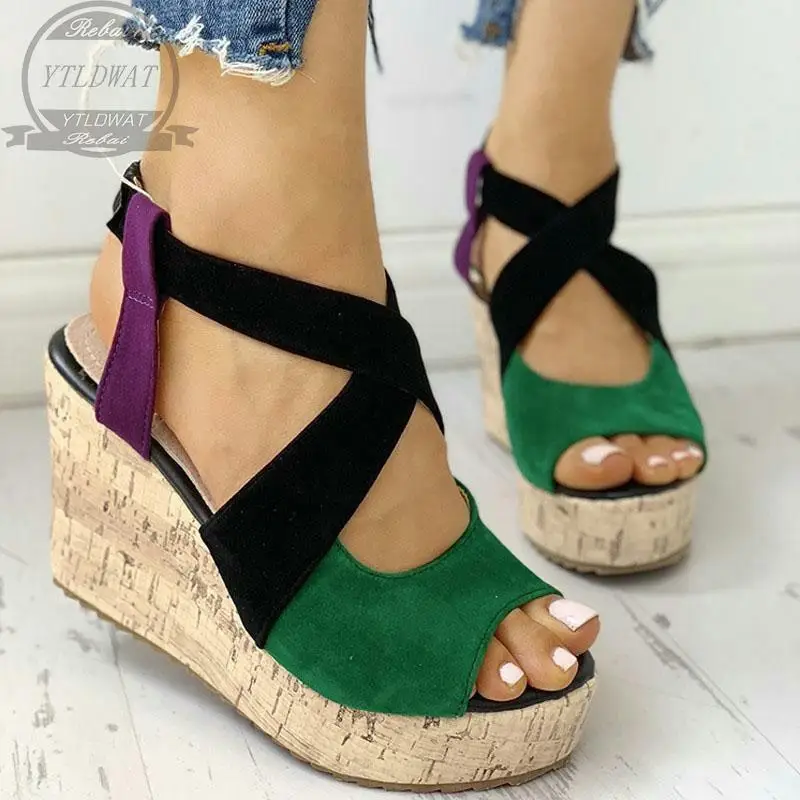 Brand New Comfy Walking Fashion Black All Match Leisure Bohemia Straw Platform High Heels Wedges Shoes Women Summer Sandals