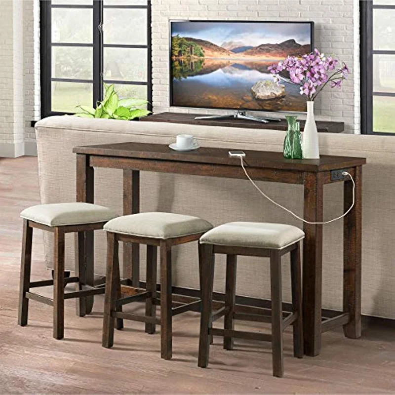 

Multipurpose Home Kitchen Dining Nook Bar Living Room Sofa Table Set with 3 Upholstered Stools, Chairs (Walnut Finish)