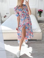 summer dresses for women 2022 elegant flower print maxi dress v neck split elastic waist casual robe long boho party vestidos