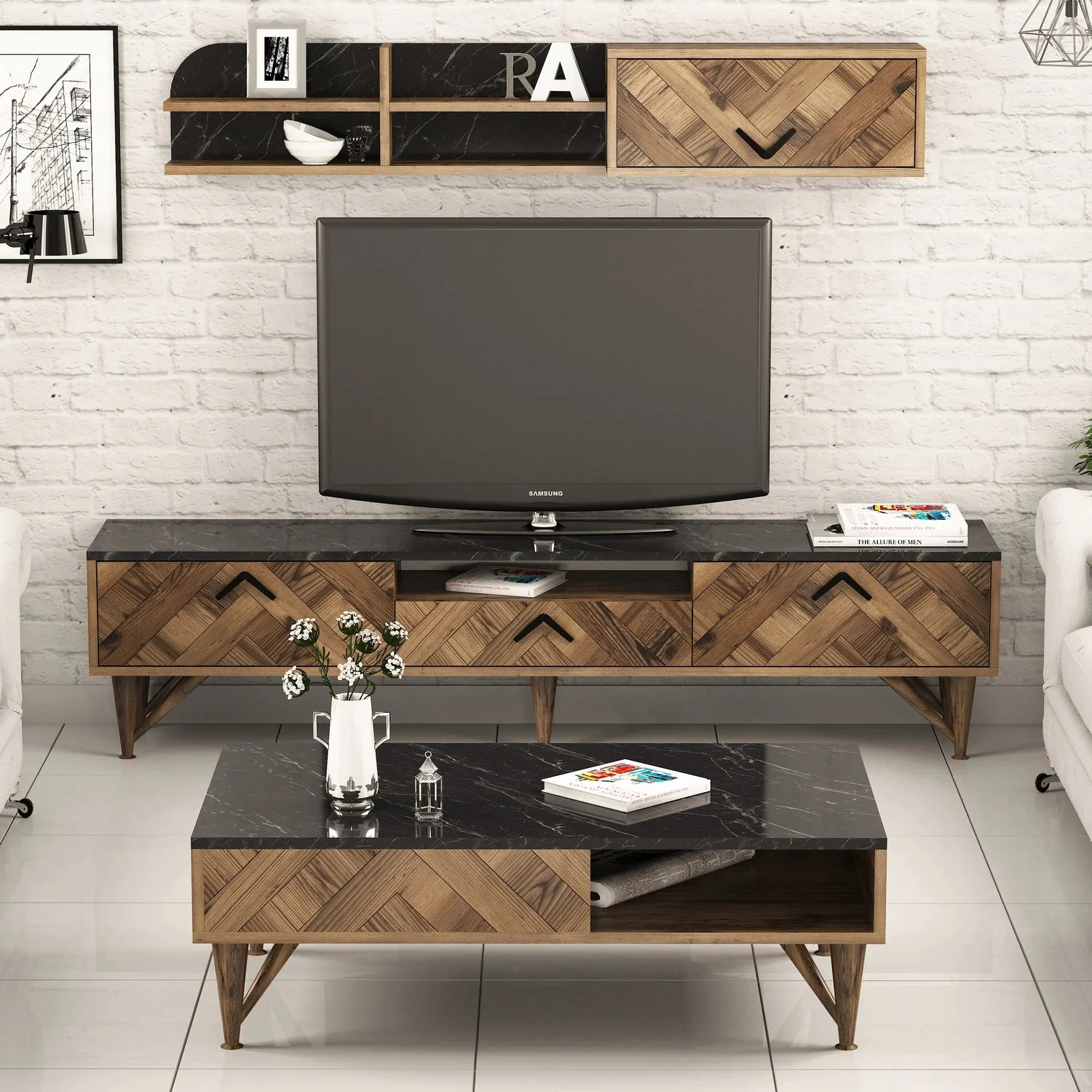 

UBBU Home Desing London TV Unit and Coffee Table Set Walnut 2021 Modern Design
