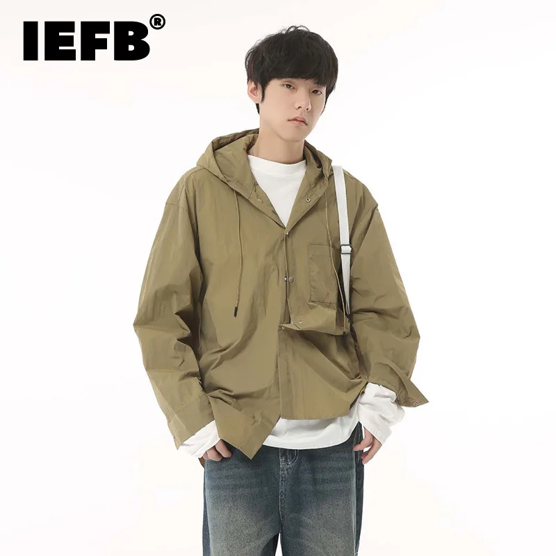 

IEFB Hooded Workwear Large Pocket Coat Trend Men Casual Clothing Korean Style Loose Solid Color Jackets Fashion Outerwear 9C1232