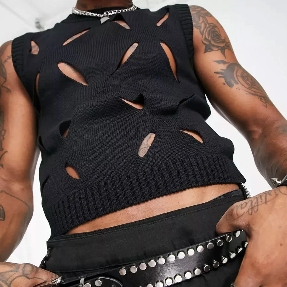 

Summer Men Knitted Sexy See Through Dance Stage Tank Top Hollow Out Plus Size Fitness Club Black Vest