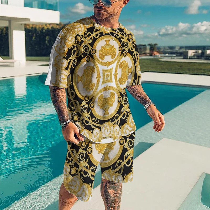 New Summer Golden Pattern Chain 3D Printed Men's Tracksuit T Shirt Shorts Set Oversize Street Style Mens Clothes Luxury Brand