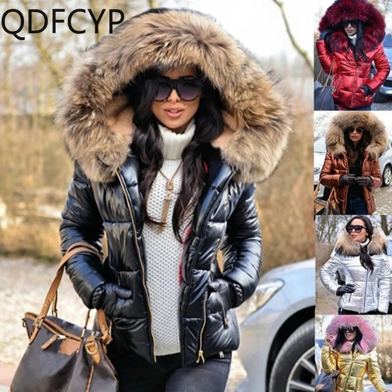 

Autumn Winter New Women's Coat Fashion Bright Asymmetric Zippers Cotton Parkas Vintage Slim Fit Hooded Furry Collar Short Jacket