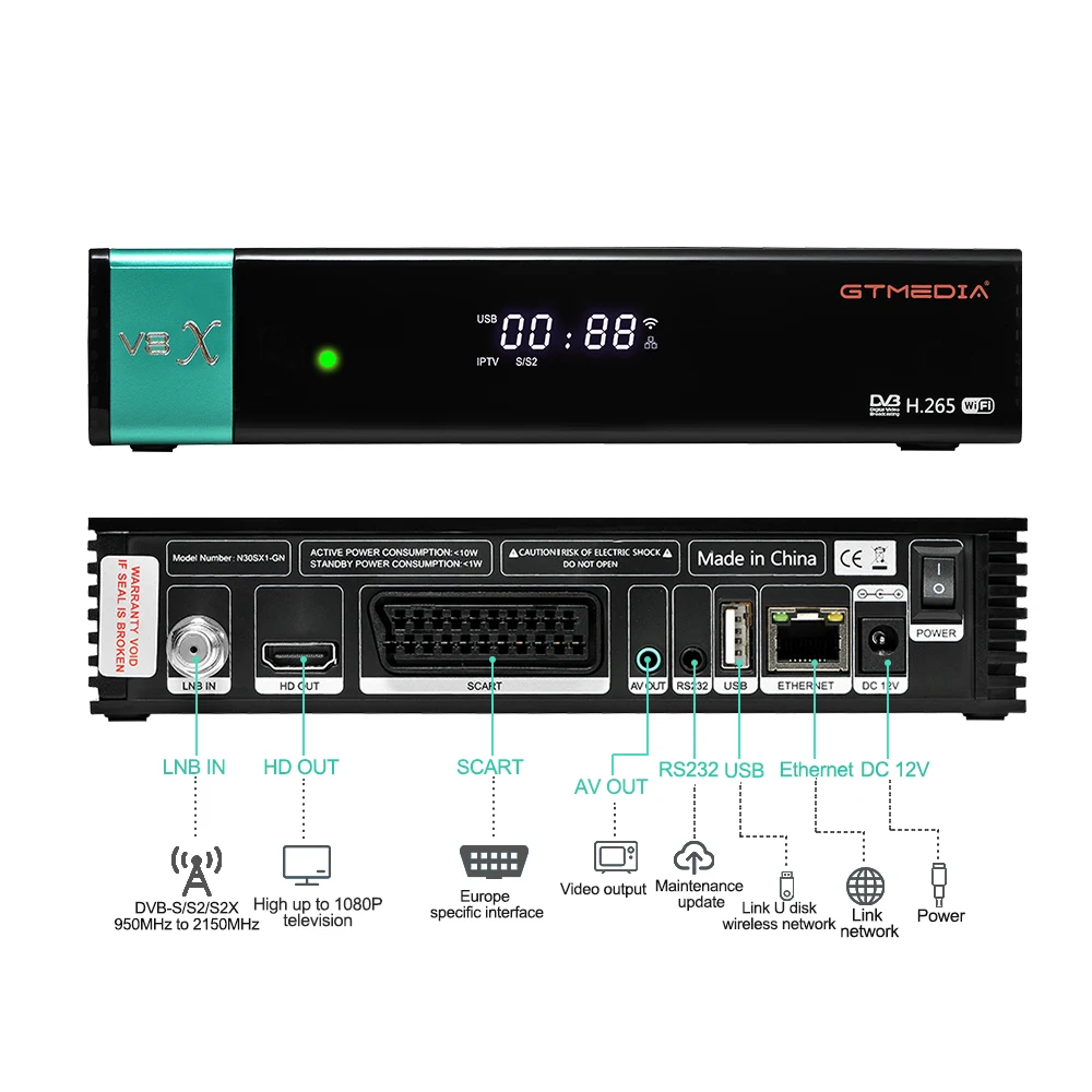 V8X GTMedia 1080P H.265 Full HD DVB-S/S2/S2X спутниковый ресивер с поддержкой встроенного Wi-Fi cam CA card