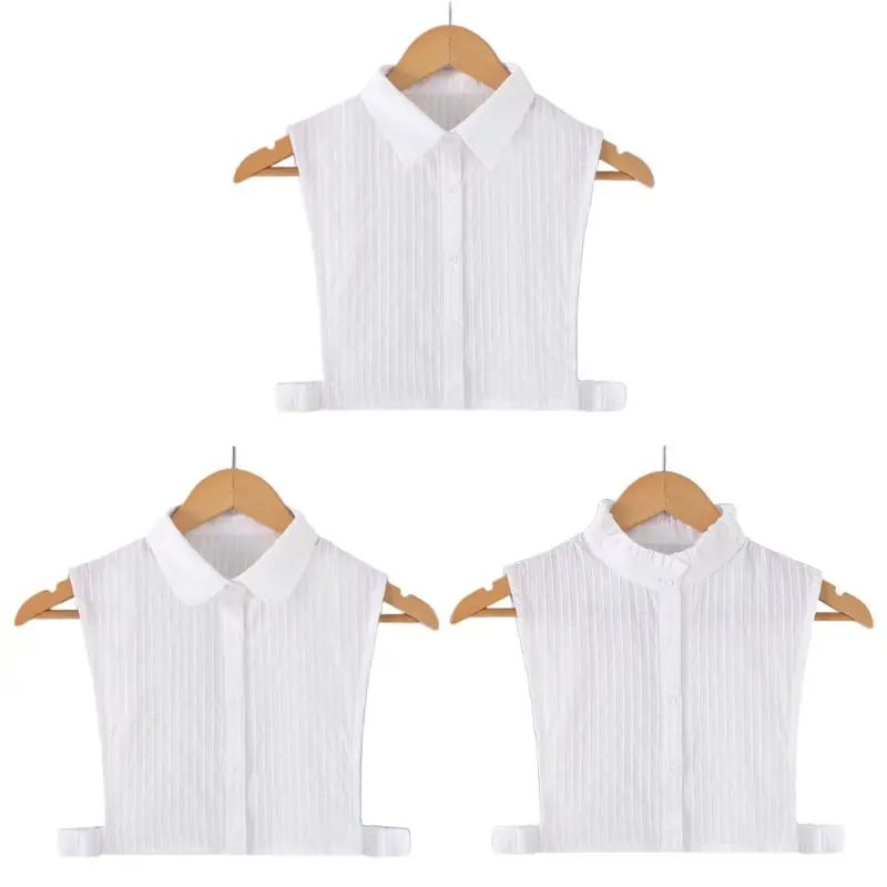 

F42F Korean Women Elegant White False Fake Collar Vertical Stripes DIY Adjustable Detachable Lapel Half-Shirt Blouse