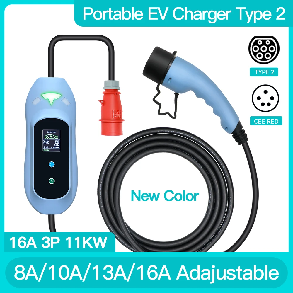 

Portable EV Charger 11KW 3P 16A Adjustable Current 380-450V Type 2 Standard Fast Charging Wallbox For Electric Car Cable 5M