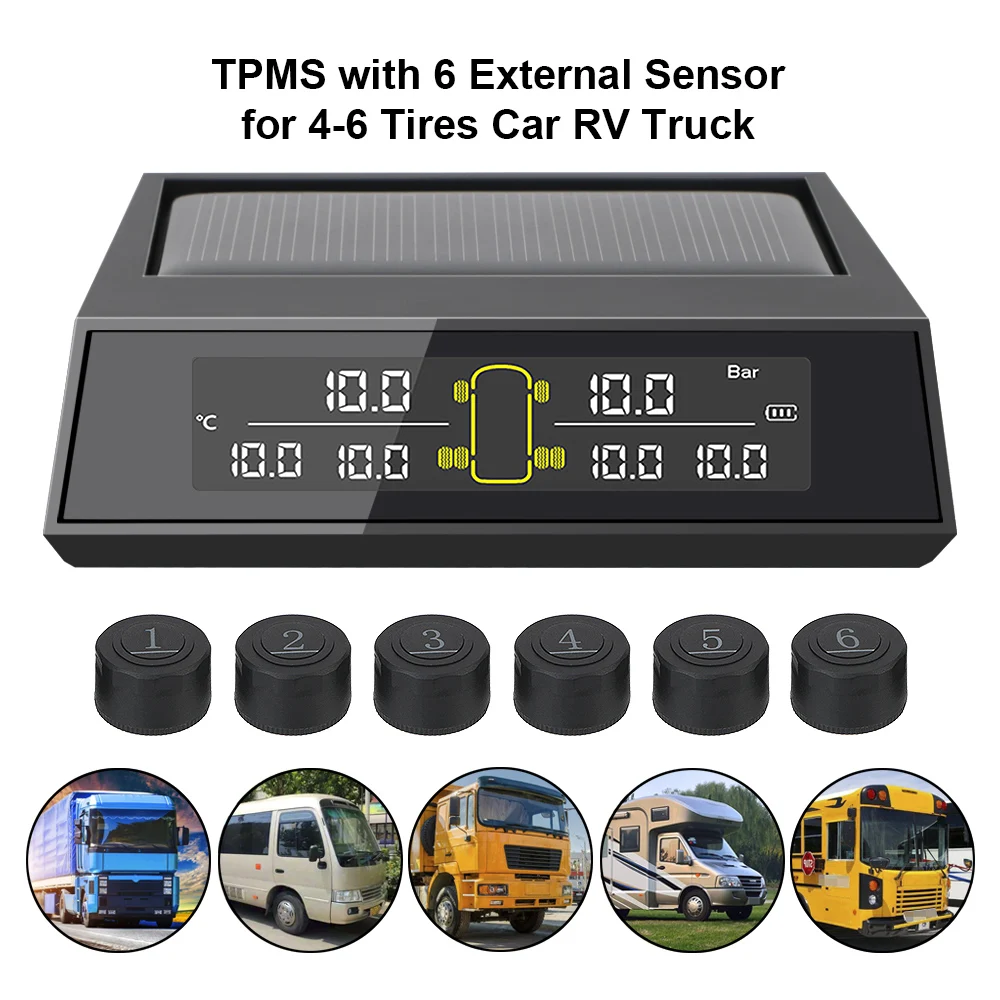 نظام مراقبة ضغط الإطارات بالطاقة الشمسية TPMS للشاحنة مع 6 أجهزة استشعار خارجية شاشة LCD ملونة إنذار لدرجة حرارة الإطارات لـ RV