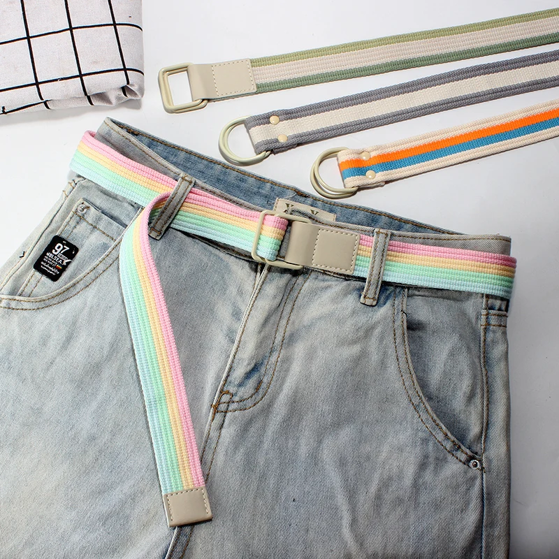 Designer Striped Student Canvas Belt Simple Versatile Jeans With Double Ring Buckle Men's and Women's Casual Belt Trend