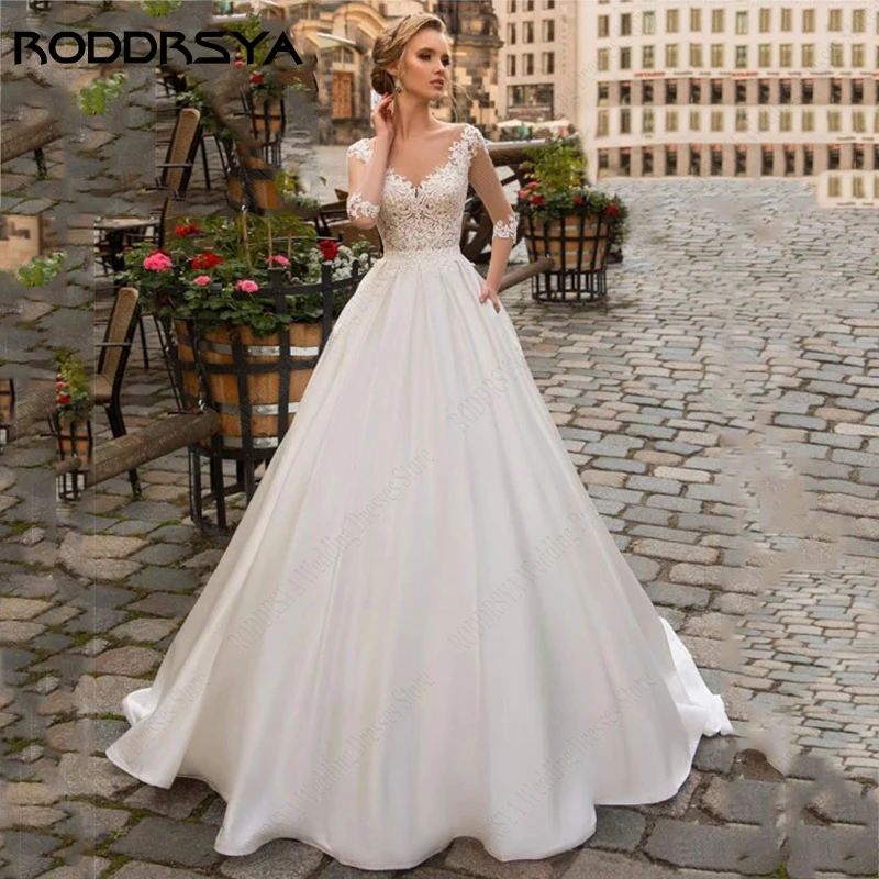 RODDRSYA Vintage Lace Long Sleeves Wedding Dresses With Pockets Cвадебное платье Satin A-Line Appliques Back Bridal Gowns