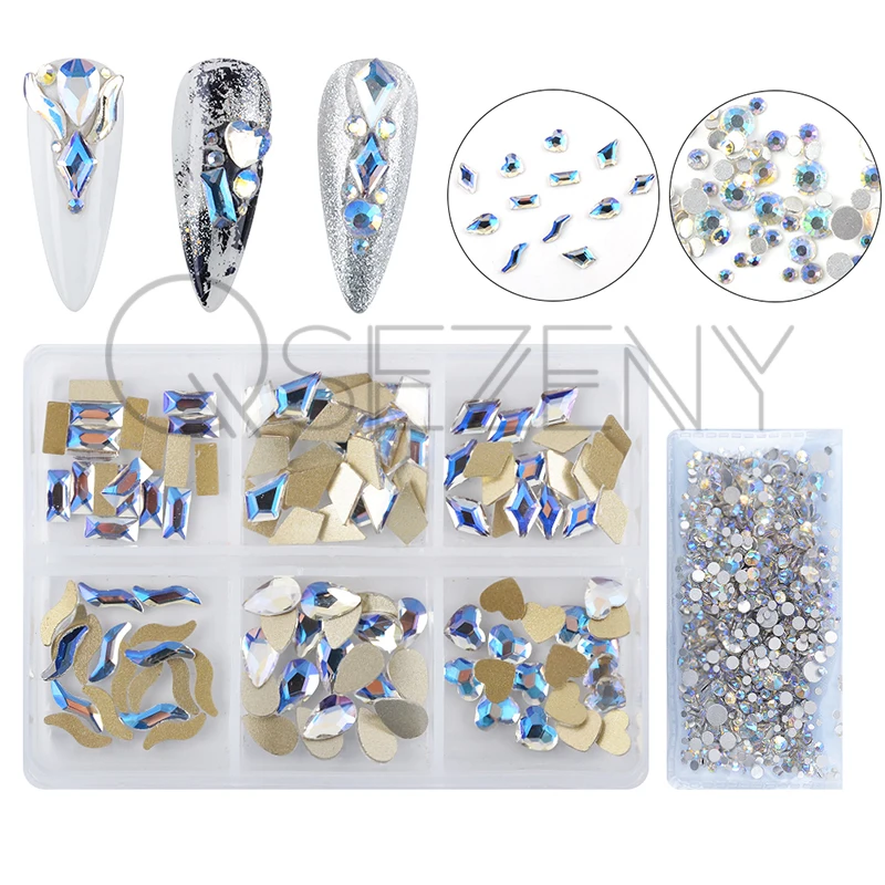 

1 Box Crystal Nail Art Rhinestone Gold Silver Clear AB Flat Bottom Mixed Shape DIY Nail Art 3D Diamond Decoration 12 Colors