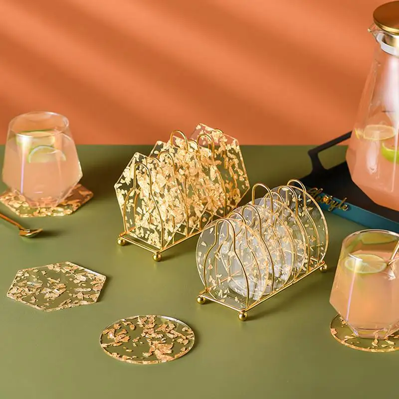 Acrylic Gold Foil Coaster Heat Insulation Table Mat Anti-skid Cup Pads placemat Tea Cup Milk Mug Coffee Cup Mat Kitchen Decorati