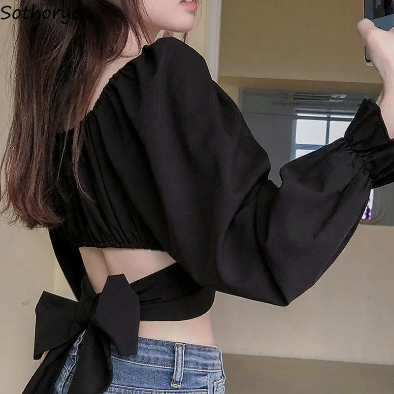

Women Blouses Solid Designer Slim Sexy Crop Top Bandage Square Collar Korean Style Trendy Temperament Females Shirts Summer Chic