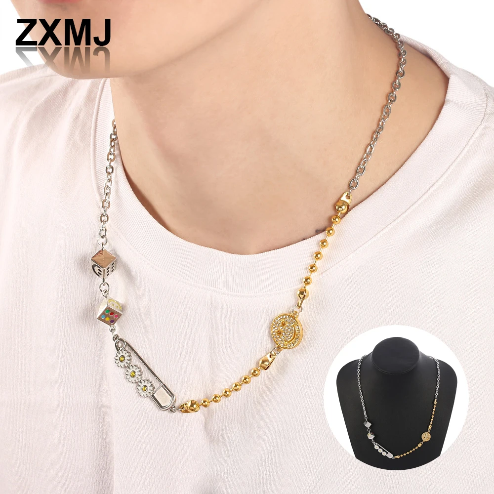 

ZXMJ Trend Mens Necklace Smiley Dice Diamond Necklaces for Men Fashion Neck Sweater Chain Geometric Hip-hop Necklaces Jewelry