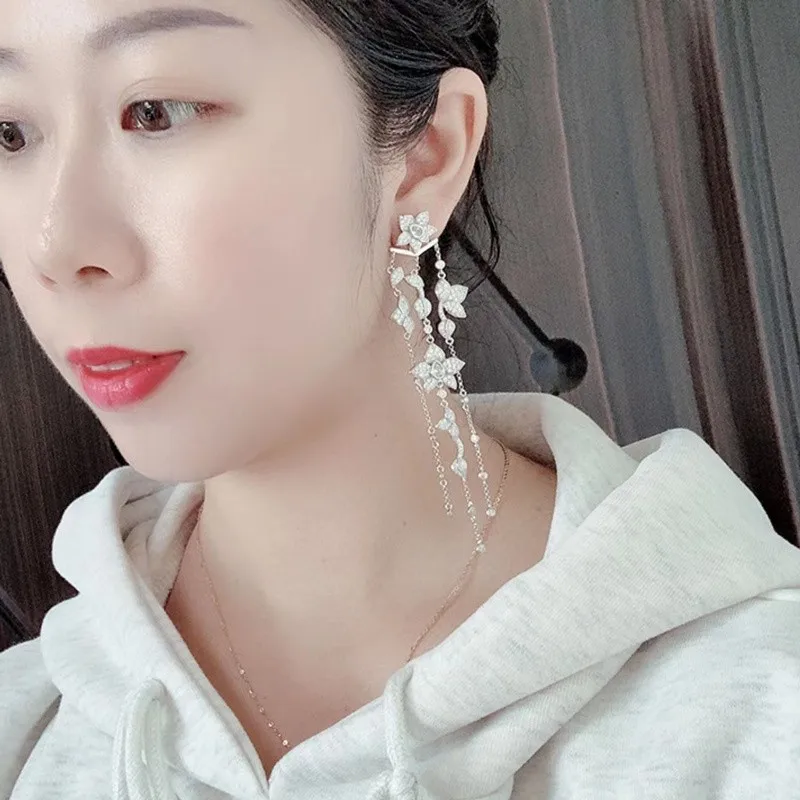 Роскошные цветочные серьги с длинными кистями для женщин на свадьбу с кубическим цирконием CZ Бриллиантовые элегантные хрустальные серьги Zk35.