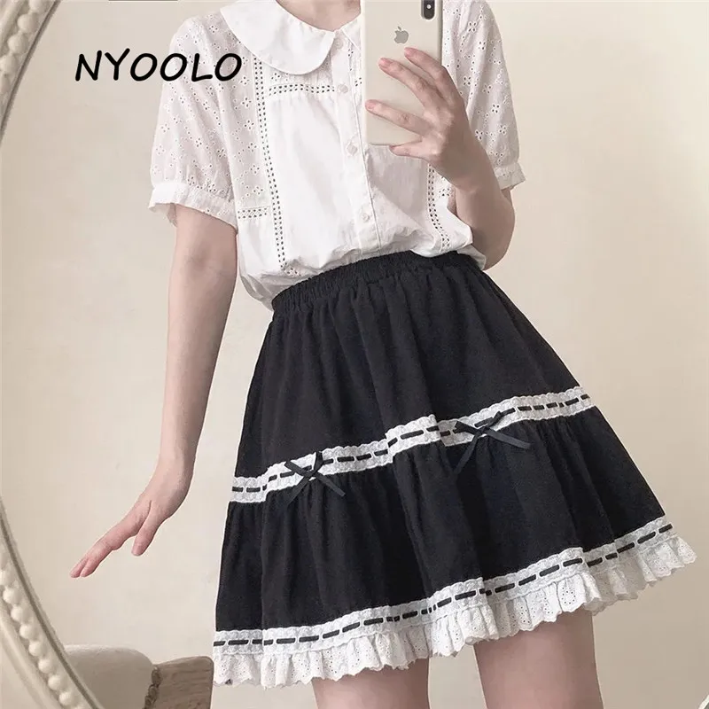 

Кружевной лоскутный костюм NYOOLO в стиле преппи с бантом и эластичной завышенной талией, трапециевидный женский костюм из ткани, летняя Милая школьная форма для девочек