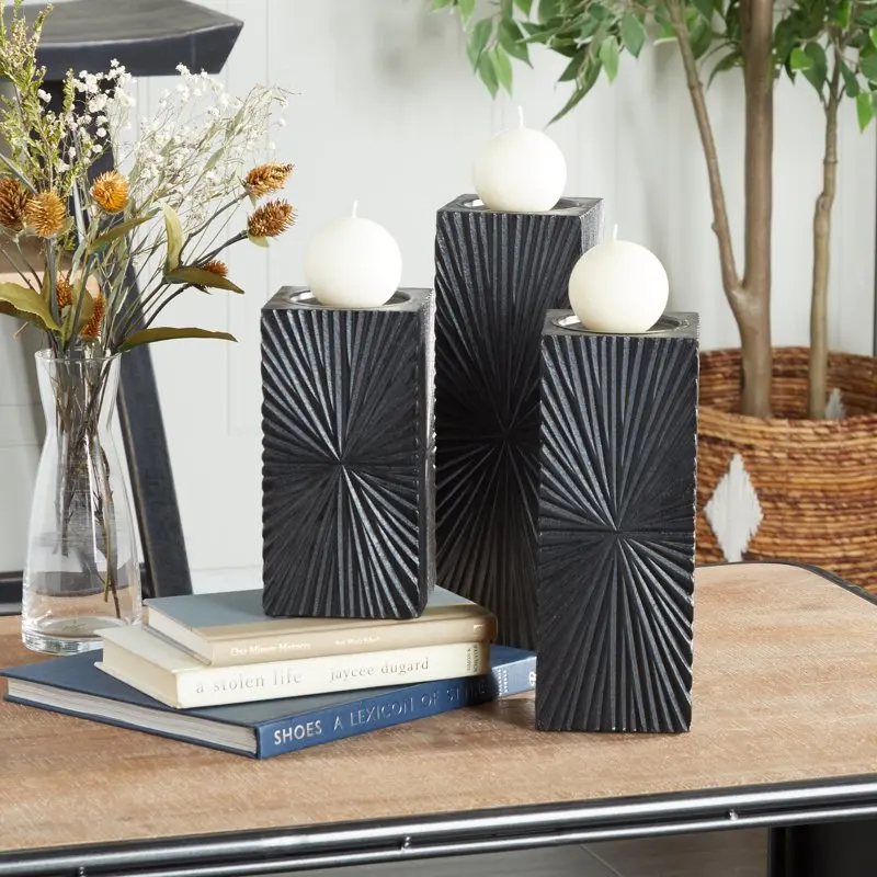 

3 Candle Black Wood Geometric Carved Pillar Candle Holder, Set of 3