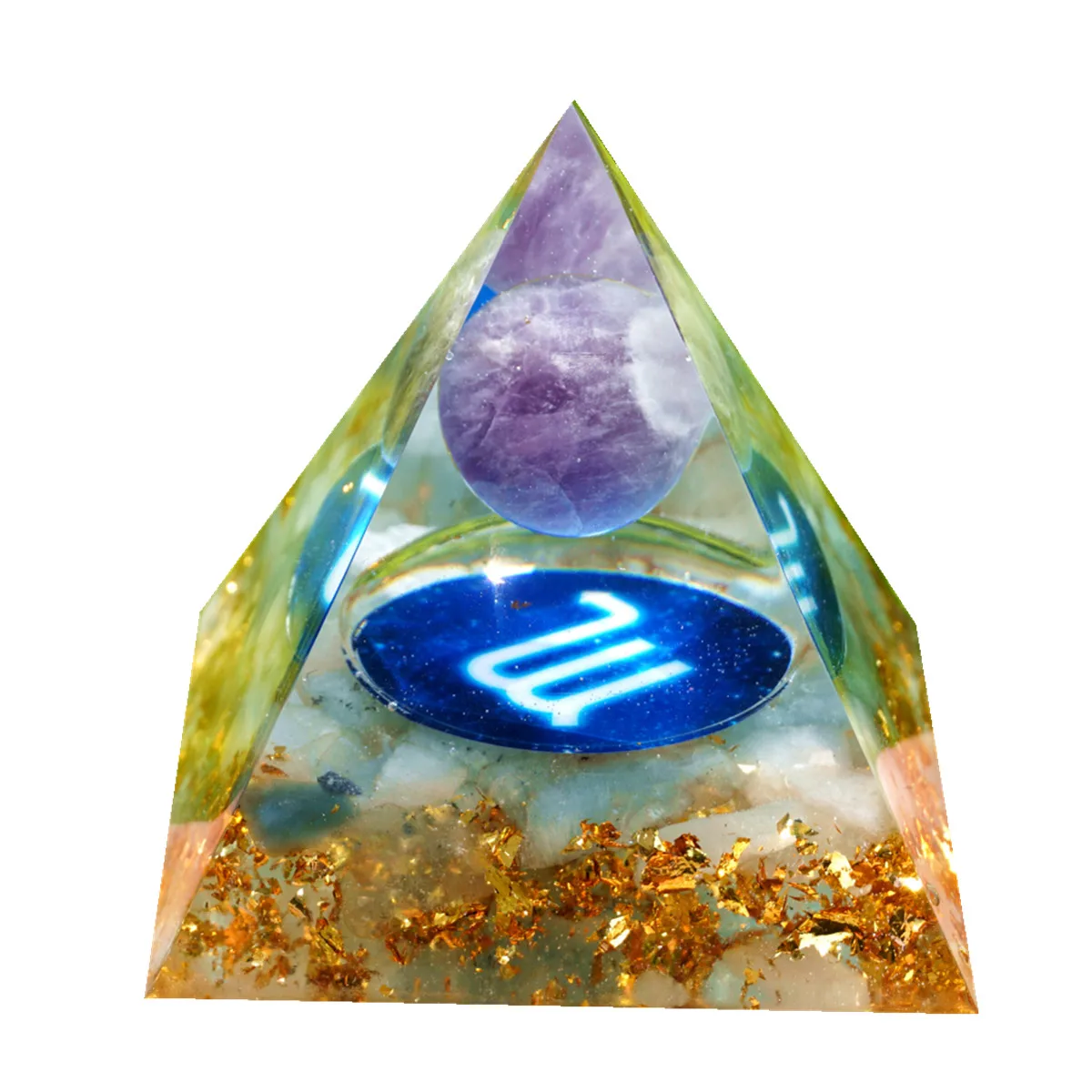 

SCORPIO Zodiac Style Orgone Pyramid Amethyst Sphere with Aquamarine Crystal Gemstone Orgonite EMF Protection Pyramide