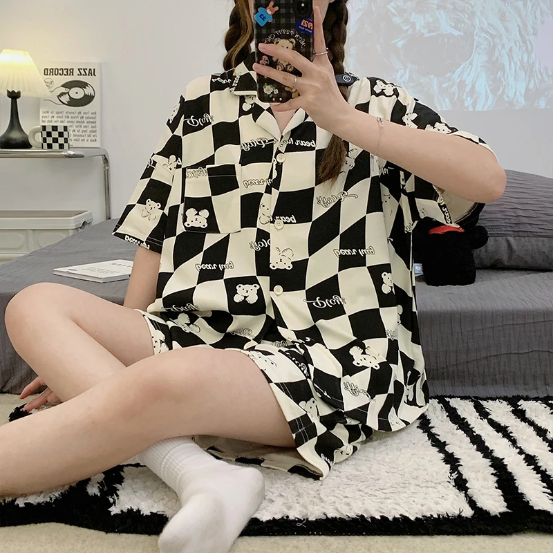 

Summer Short Black Plaid Pajamas For Women Cute Girl Sleepwear Lapel Pajama Sets Short Sleeve Shorts Nightwear Bears Sleepwear
