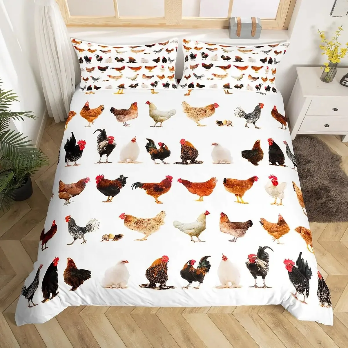 Cute Chicken Duvet Cover King Queen Colorful Rooster Bedding Set Farm Animal Comforter Funny Rustic Farmhouse Quilt