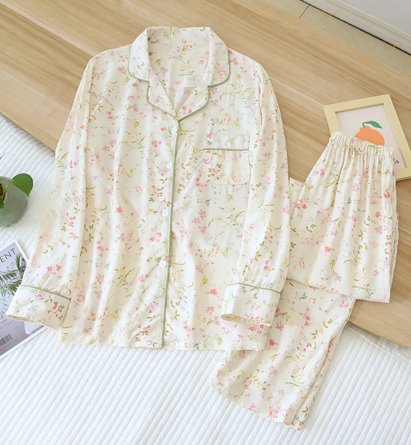 Ladies Pajamas Two-piece Viscose Long-sleeved Trousers Big Flower Cardigan Comfortable Home Service Set Pyjama  Loungewear