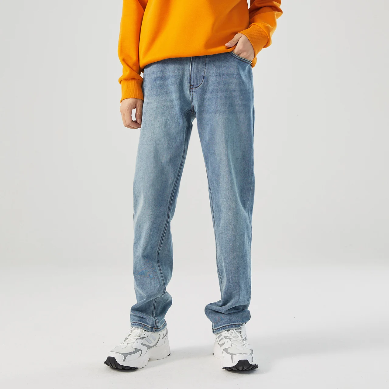 Metersbonwe Straight Jeans For Man Winter Thick LongWarm Denim Pants High Quality Casual Traditional Straight Leg Jeans