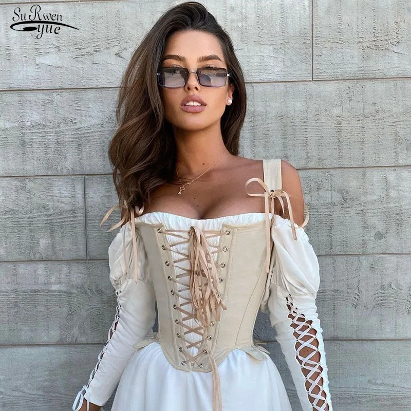 

Summer Lace Up Blouse Match with Dresses Women's T Shirt Corset Tops Vintage Sexy Bandage Sleeveless Tees Women Clothing 19225