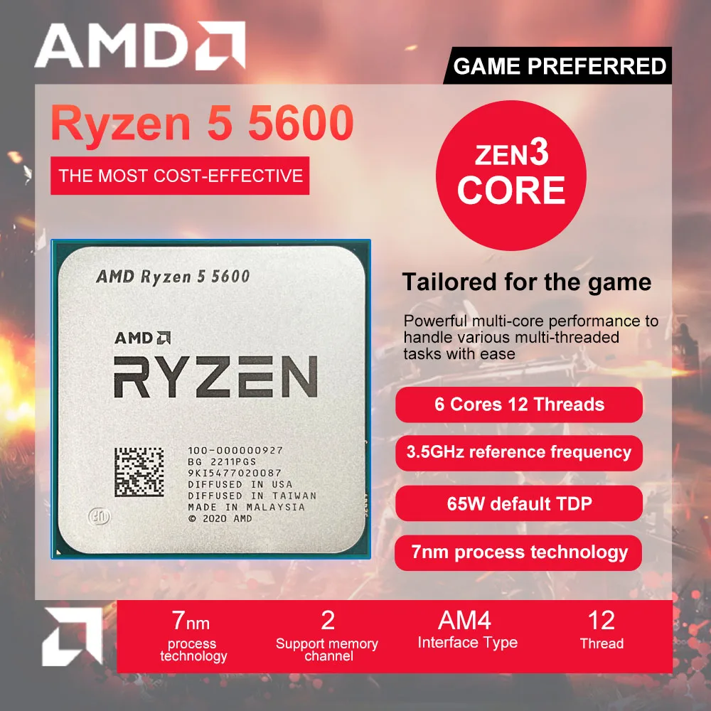 Новый игровой Процессор AMD Ryzen 5 5600 R5 5600 Socket AM4 6-ядерный 12-поточный 65 Вт DDR4 аксессуары для настольного компьютера процессор - 200 лучших товаров с Али