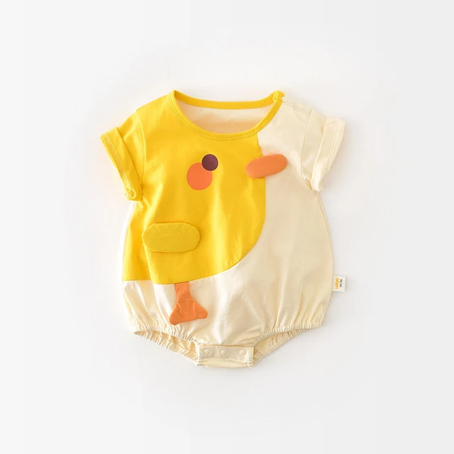 3-24 Months Infant Kids Summer Yellow Beige Jumpsuit Children Casual One-Piece Baby Birthday Chicken Onesie Button Cotton Romper 1