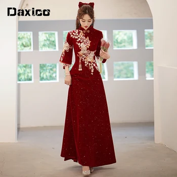 Vestidos Chinese Traditional Cheongsam Dress Woman Wedding Bride Dresses Everning Party Long Qipao Wine Red Compere Outfit